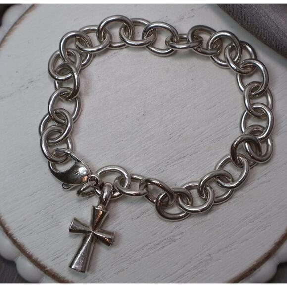 Retired James Avery 925 St.Terese L Cross Cable Chain Bracelet 29.8G/8in/9.5mm - Picture 1 of 6